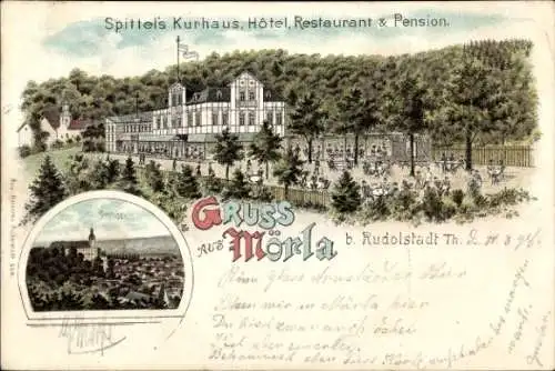 Litho Mörla Rudolstadt in Thüringen, Schloss, Spittels-Hotel, Kurhaus, Restaurant, Pension