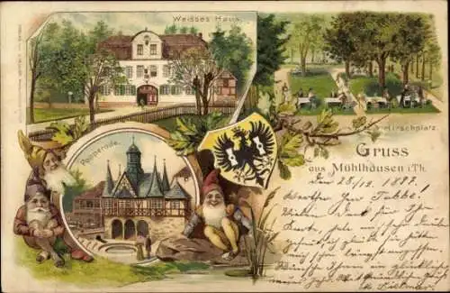 Litho Mühlhausen in Thüringen, Weißes Haus, Poppenrode, Hirschplatz, Wappen, Zwerge