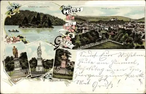 Litho Greiz im Vogtland, Totalansicht, Kaiser-Wilhelm-Denkmal, Bismarck-Denkmal, Parksee