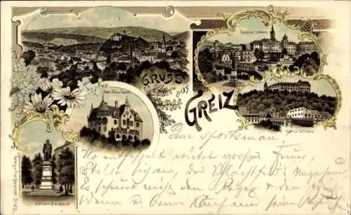 Litho Greiz in Thüringen, Odd-Fellow-Heim, Kaiser-Denkmal, Schloss, Panorama