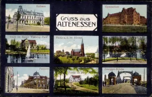 Ak Altenessen Essen im Ruhrgebiet, Rathaus, Gymnasium, Post, Kaiser Wilhelm Park, Zweigert Brücke