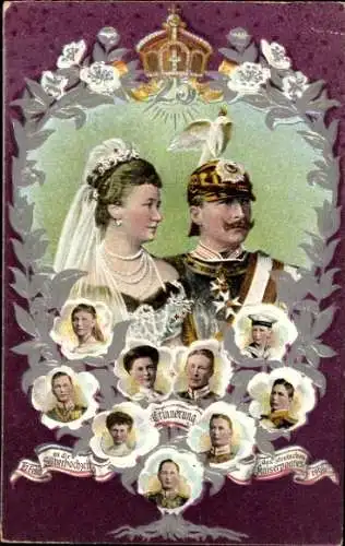 Präge Ak Kaiser Wilhelm II., Kaiserin Auguste Viktoria, Silberhochzeit, Kinder