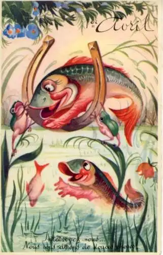 Künstler Ak 1. April, Fisch springt über ein Hufeisen, Frösche