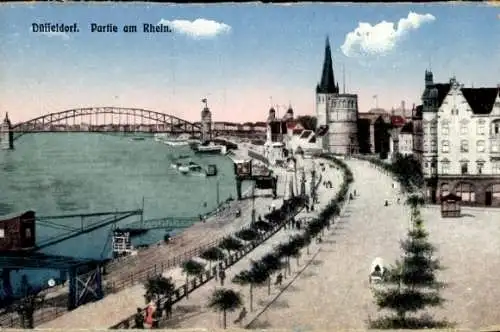 Ak Düsseldorf am Rhein, Rheinpromenade, Brücke