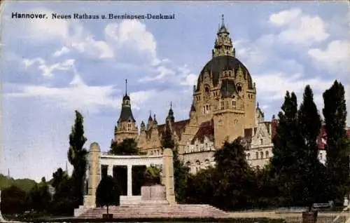 Ak Hannover in Niedersachsen, Neues Rathaus, Benningsen-Denkmal