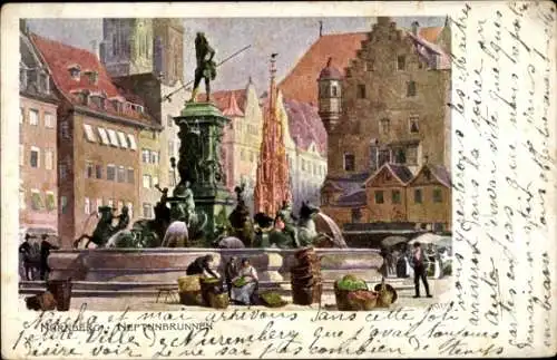 Künstler Ak Kley, Heinrich, Nürnberg in Mittelfranken Bayern, Neptunbrunnen