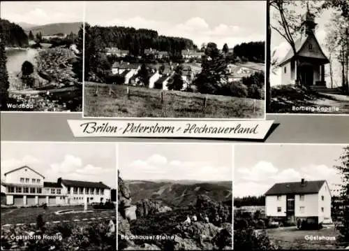 Ak Petersborn Brilon im Sauerland, Waldbad, Borberg Kapelle, Gaststätte Hornig, Bruchhauser Steine