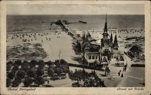 Ak Ostseebad Heringsdorf auf Usedom, Strand, Seebrücke