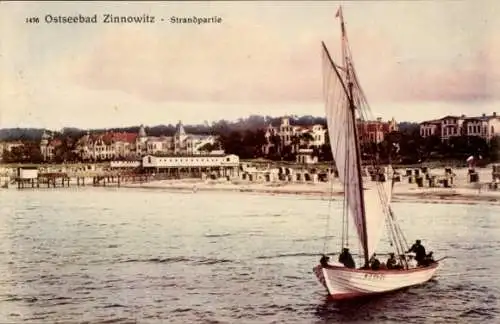 Ak Ostseebad Zinnowitz auf Usedom, Strand, Segelboot