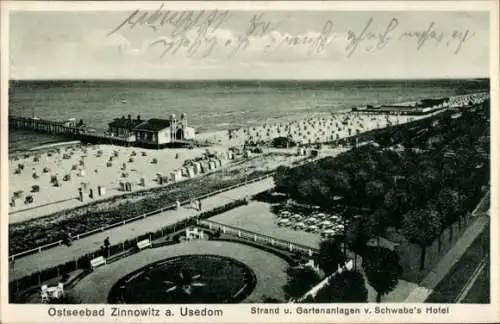 Ak Ostseebad Zinnowitz auf Usedom, Strand, Gartenanlagen von Schwabe's Hotel