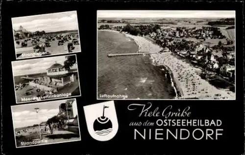 Ak Ostseebad Niendorf Timmendorfer Strand, Strand, Meerwassertrinkanlage, Luftaufnahme, Wappen