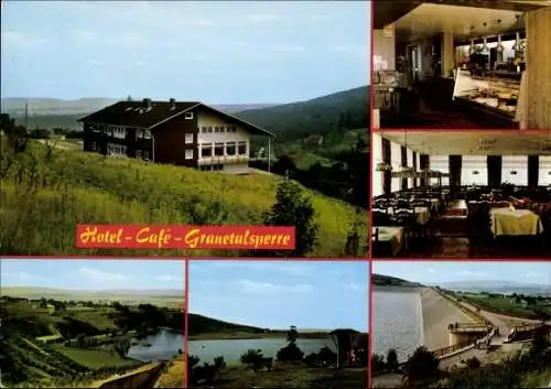 Ak Langelsheim Harz, Hotel-Cafe Granetalsperre, Panorama, Sperrmauer