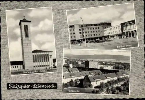 Ak Lebenstedt Salzgitter in Niedersachsen, Martin Luther Kirche, Berliner Platz, Teilansicht