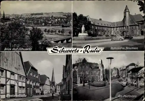 Ak Schwerte an der Ruhr, Gesamtansicht, Rathaus, Brunnen, Postplatz, Westenstraße