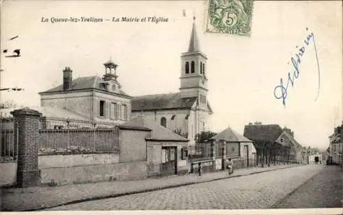 Ak La Queue les Yvelines, Das Rathaus und die Kirche