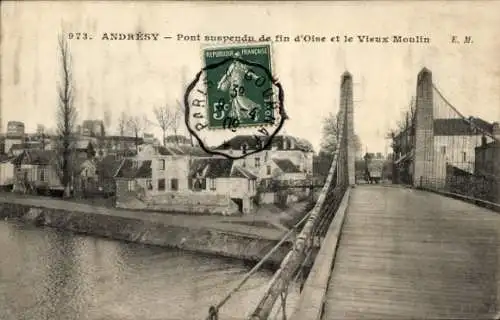 Ak Andrésy Yvelines, Hängebrücke am Ende der Oise, Vieux Moulin