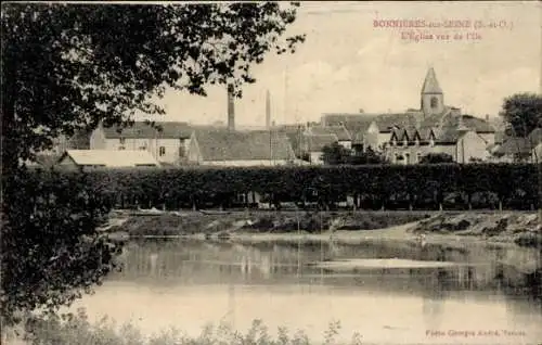 Ak Bonnieres sur Seine Yvelines, Kirche von der Insel aus gesehen