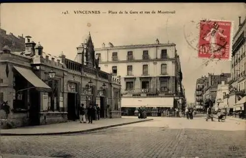 Ak Vincennes Val de Marne, Place de la Gare und Rue de Montreuil