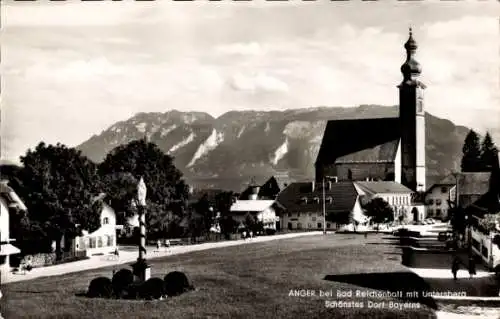 Ak Anger in Oberbayern, Teilansicht, Kirche, Untersberg