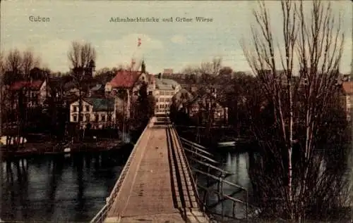 Ak Guben in der Niederlausitz, Achenbachbrücke und Grüne Wiese