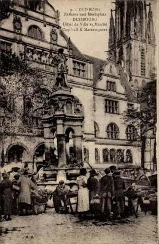 Ak Duisburg, Menschen am Marktplatz, Brunnen, Rathaus