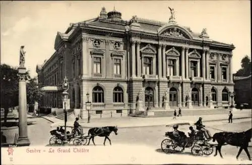 Ak Genf, Le grand théâtre, les passants, le monument