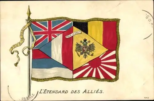 Ak Standarte der Alliierten, Frankreich, Belgien, Großbritannien, Russland, Japan, Serbien