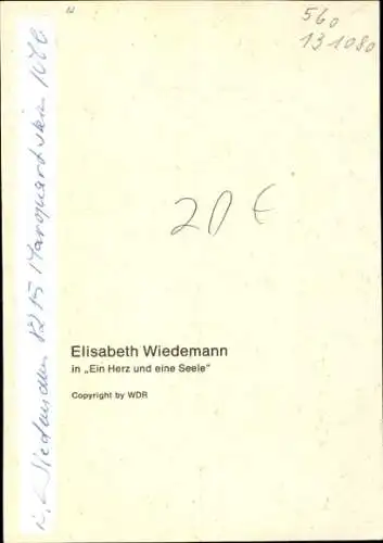 Ak Schauspielerin Elisabeth Wiedemann, Portrait, Autogramm