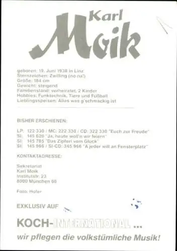 Ak Moderator Karl Moik, Portrait, Autogramm