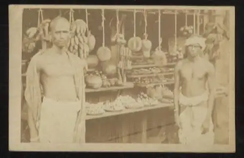 Malaysia - Originalphotographie - August Sachtler, um 1864, Penang, Marktstand, einheimische Händler