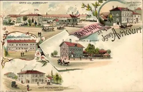 Litho Igney Avricourt Meurthe-et-Moselle, Gare, Maison Printemps, Restaurant de l'Est, Cafe Prevot