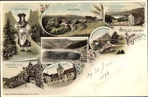 Litho Turckheim Türkheim Elsass Haut Rhin, Weißer See, Hotel, Drei Ähren, Altes Tor, Villa Hartmann