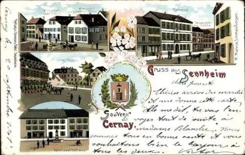 Litho Cernay Sennheim Elsass Haut Rhin, Hotel Zwei Schlüssel, Rathaus, Restauration zum Schnee