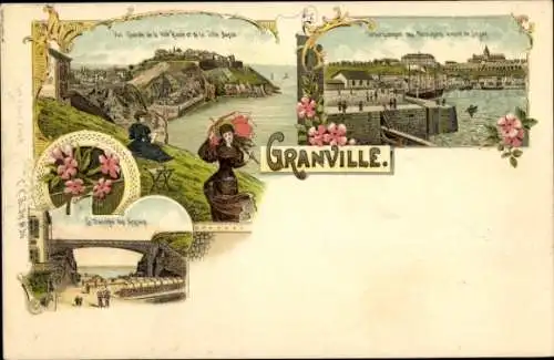 Litho Granville Manche, Gesamtansicht, Brücke