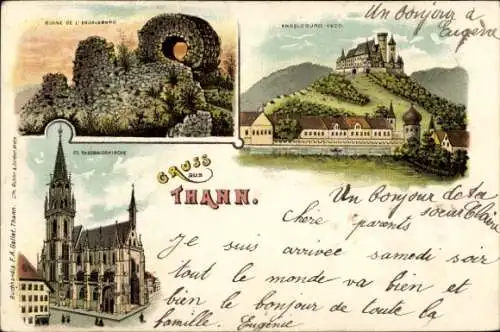 Litho Thann Elsass Haut Rhin, Kirche, Engelsburg