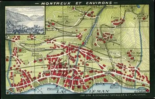 Stadtplan Ak Montreux Kanton Waadt Schweiz, Lac Leman, Panorama, Chillon, Glion