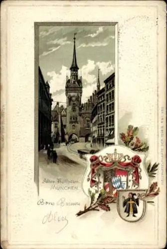 Präge Wappen Litho München Bayern, Altes Rathaus