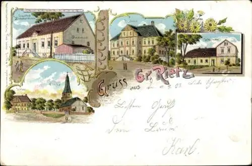 Litho Groß Rietz Rietz-Neuendorf in der Mark, Schloss, Kirche, Schulhaus, Gasthof Zimmermann