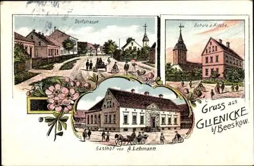 Ak Glienicke Rietz Neuendorf Brandenburg, Dorfstraße, Schule, Kirche, Gasthof