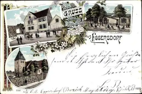 Litho Eggersdorf Bördeland im Salzlandkreis, Gasthof, Kirche, Garten