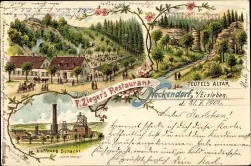 Litho Neckendorf Lutherstadt Eisleben, F. Ziegers-Restaurant, Hoffnung Schacht, Teufels Altar