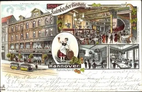 Litho Hannover in Niedersachsen, Kulmbacher Bierhalle, Straßenbahn, Billard, Bahnhofstraße 13