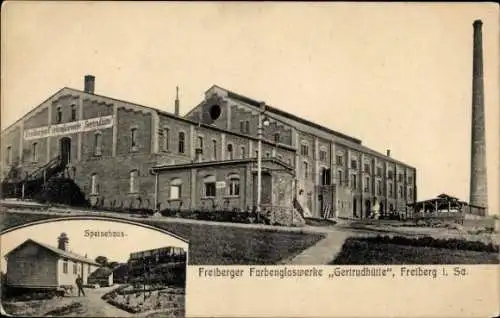 Ak Freiberg in Sachsen, Freiberger Farbenglaswerke Gertrudhütte, Speisehaus, Fröhliches Neujahr