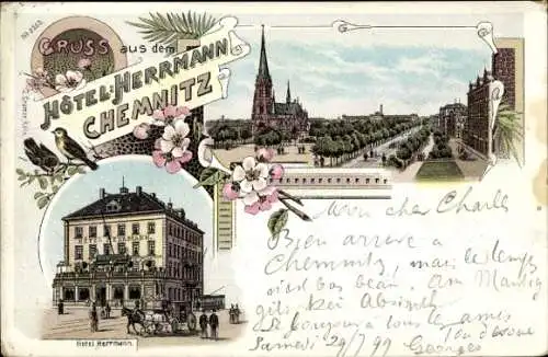 Litho Chemnitz in Sachsen, Kirche, Hotel Herrmann