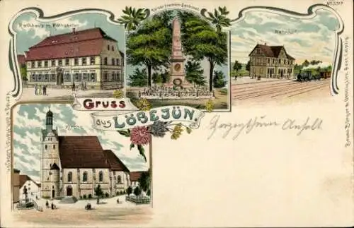 Litho Löbejün im Saalekreis, Rathaus, Ratskeller, Kirche, Bahnhof, Kaiser-Friedrich-Denkmal