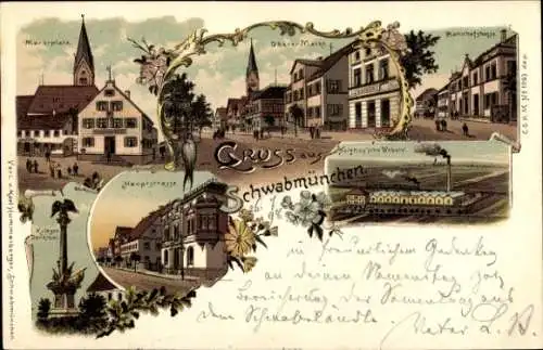 Litho Schwabmünchen im schwäbischen Kreis Augsburg, Marktplatz, Bahnhofstraße, Kriegerdenkmal