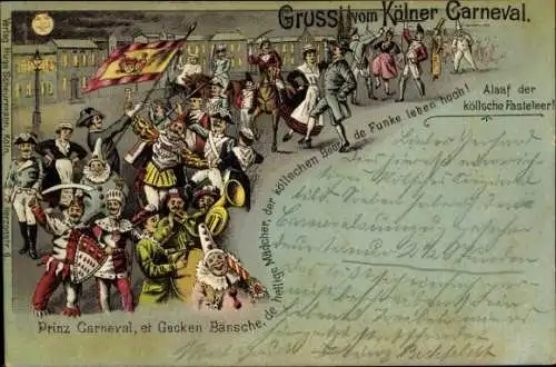 Mondschein Litho Köln am Rhein, Kölner Karneval, Prinz Karneval, Narren, Umzug