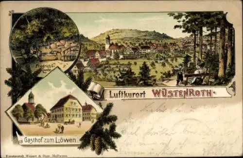 Litho Wüstenrot im Rems Murr Kreis, Gasthof zum Löwen, Friedrichsquelle, Panorama