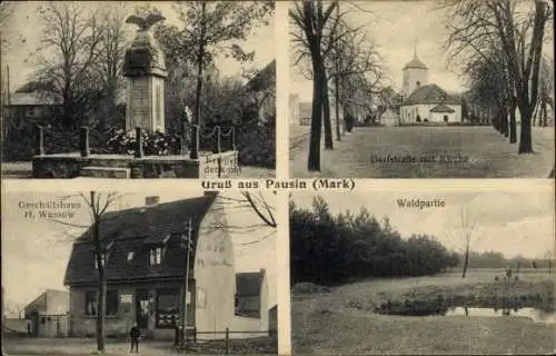 Ak Pausin Schönwalde Glien Havelland, Dorfstraße, Kirche, Wald, Geschäftshaus