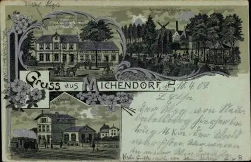 Mondschein Litho Michendorf in der Mark, Bahnhof, Garten, Birkenwald, Restaurant